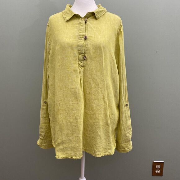 Sigrid Olsen Shirt Womens XL Green Linen Long Sleeve Button Pullover Casual Top - Picture 1 of 11